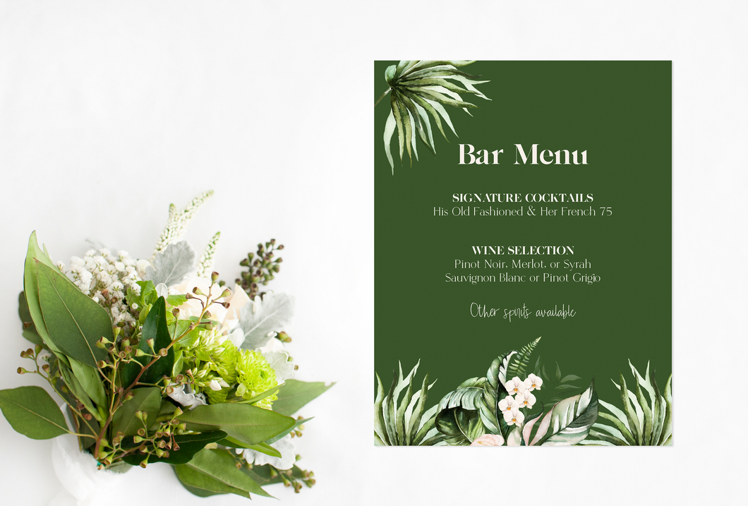 Blush Tropical Leaf Wedding Bar Menu