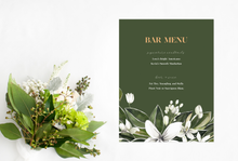 Load image into Gallery viewer, Forest Green, White Floral and Orange Citrus Wedding Bar Menu
