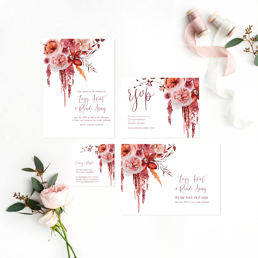 Romantic Pink and Maroon Floral Wedding Invitation Suite