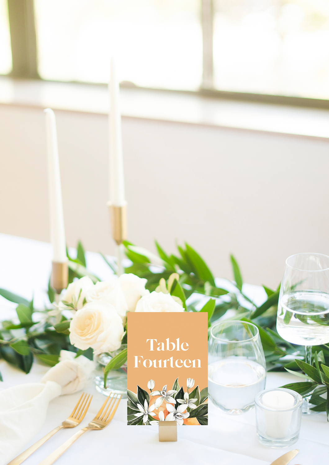 Forest Green, White Floral and Orange Citrus Wedding Table Numbers
