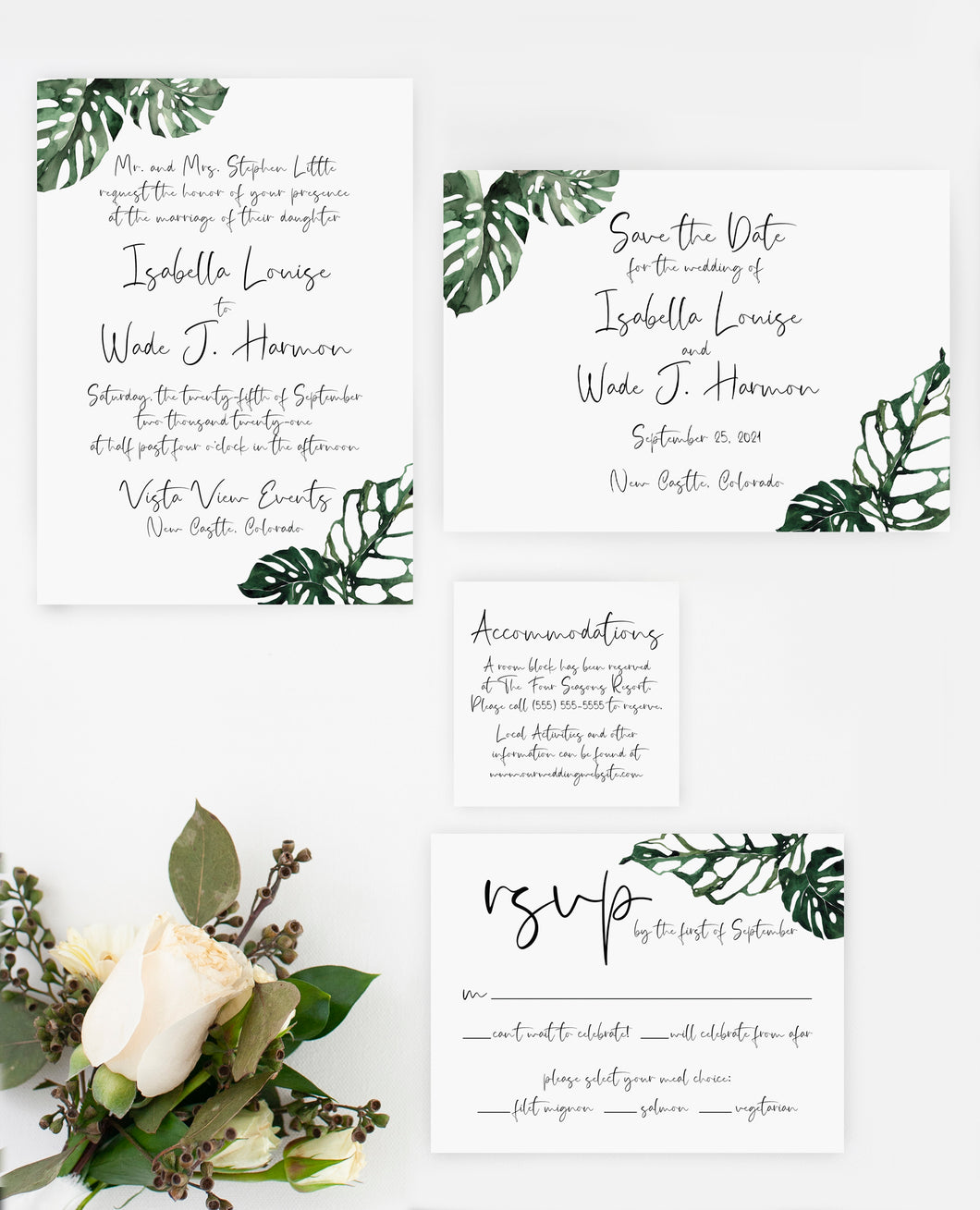Beautiful Tropical Leaf Wedding Invitation Suite