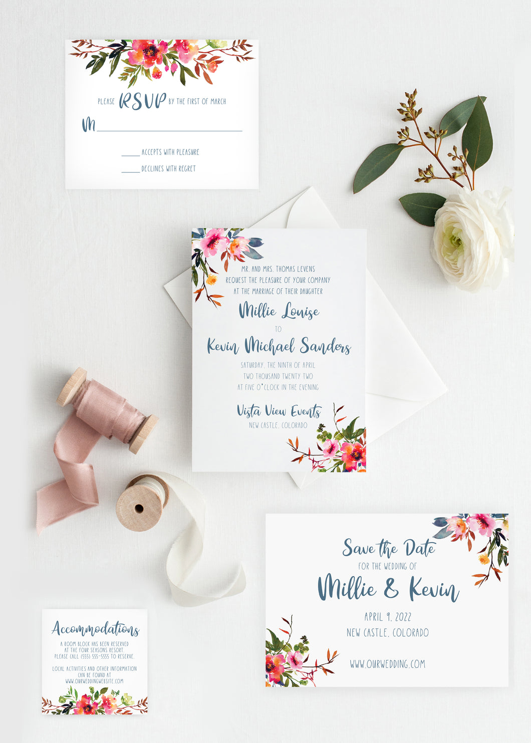 Beautiful Bright Floral Wedding Invitation Suite