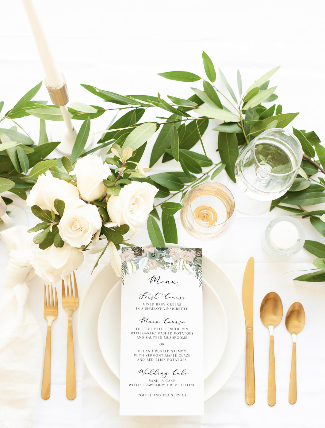 Romantic Blush and Sage Floral Wedding Menu Card