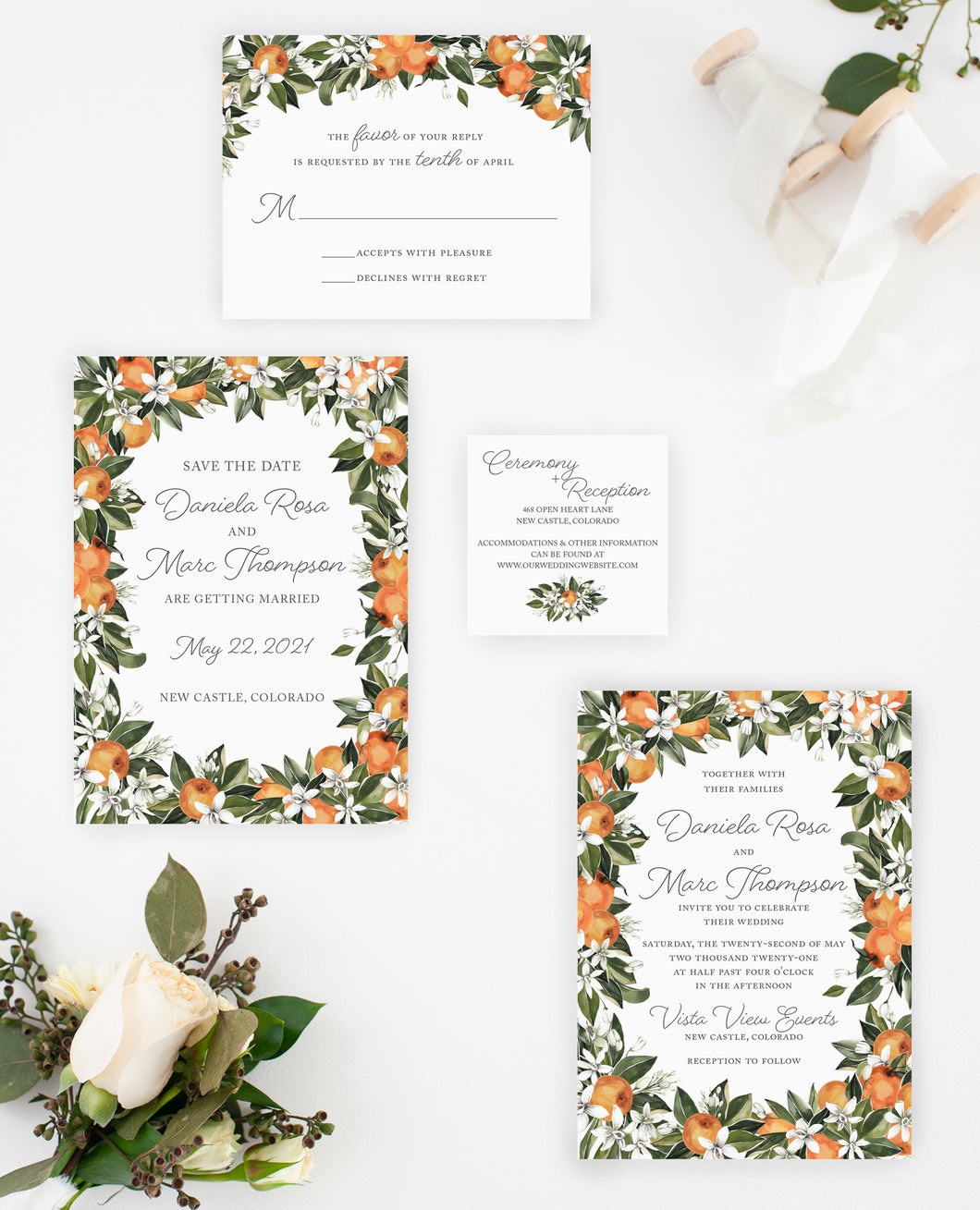 Romantic Orange and Green Wedding Invitation Suite