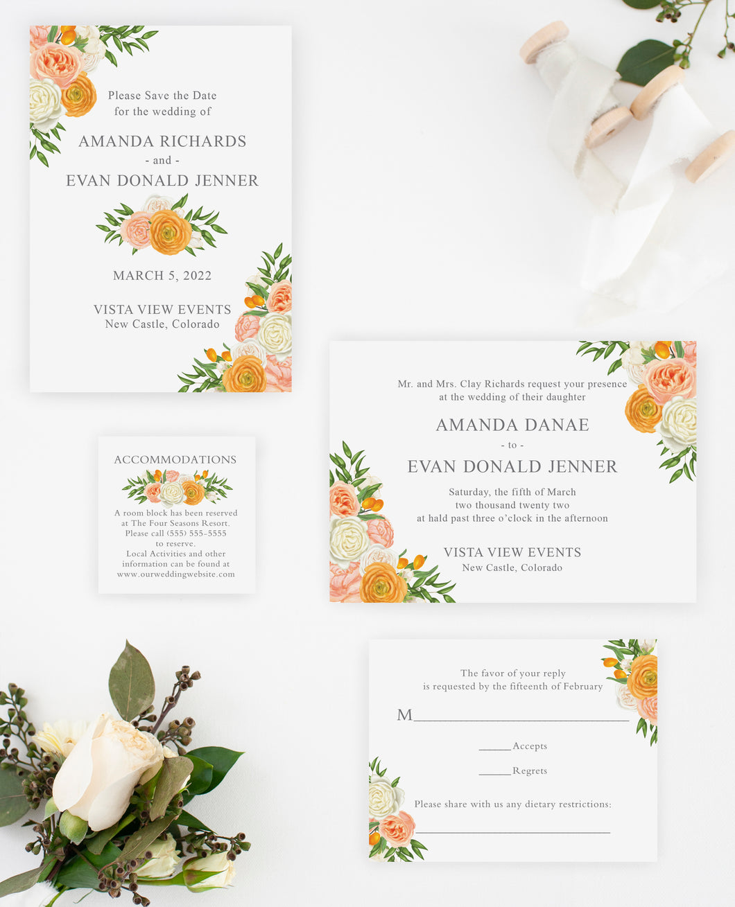 Spring Floral and Citrus Wedding Invitation Suite