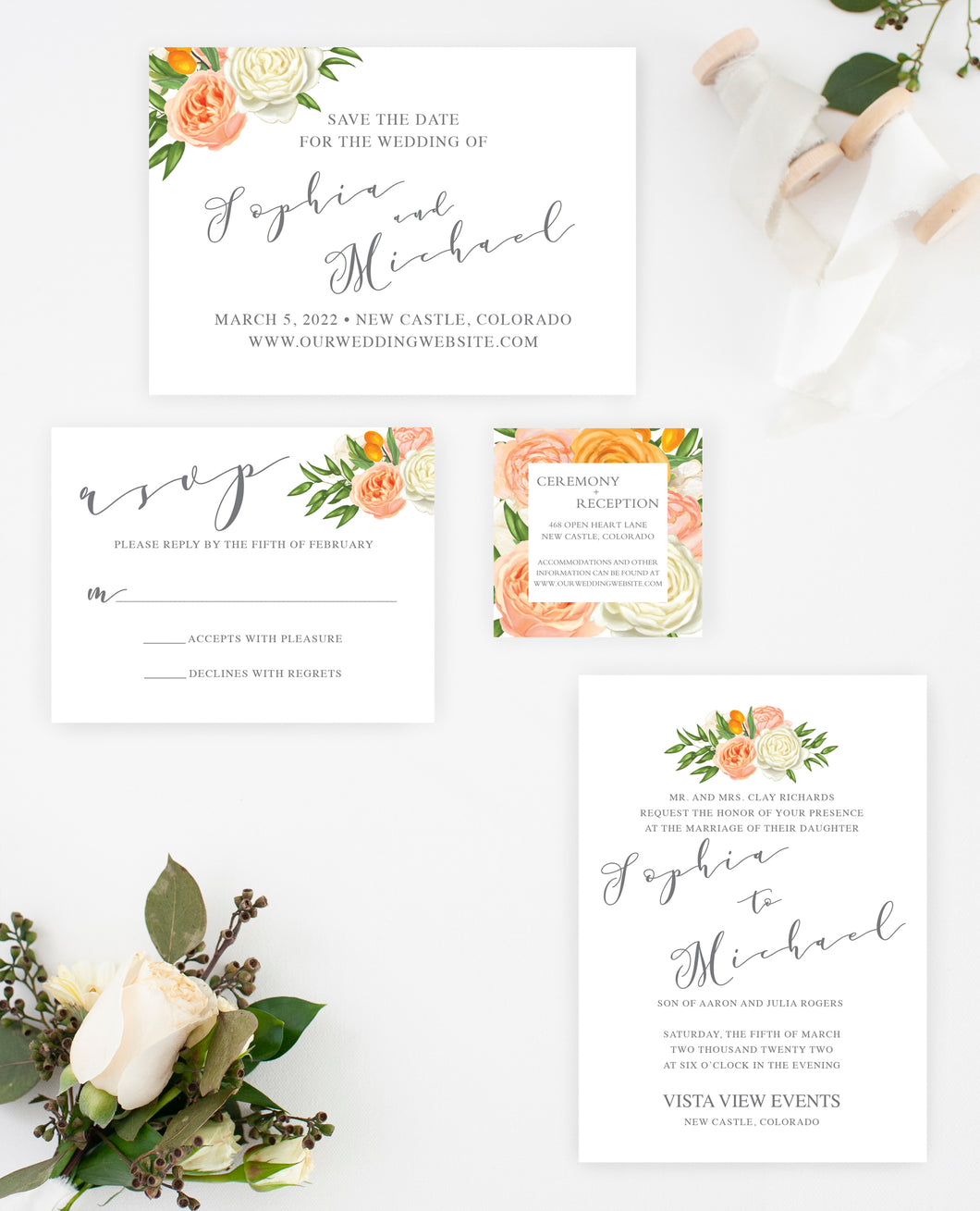 Pink Floral and Tangerine Wedding Invitation Suite
