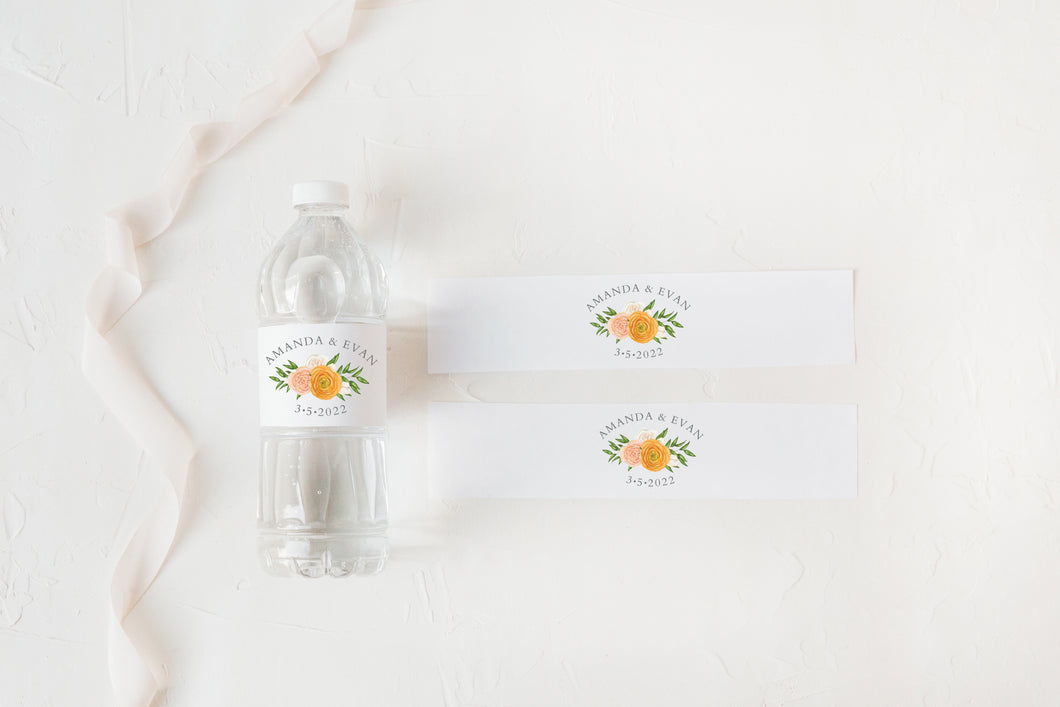 Spring Floral and Citrus Wedding Water Bottle Labels