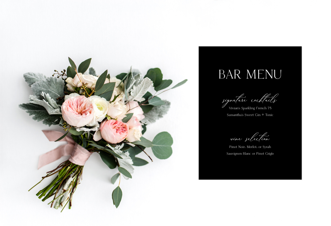 Romantic Black and White Wedding Bar Menu