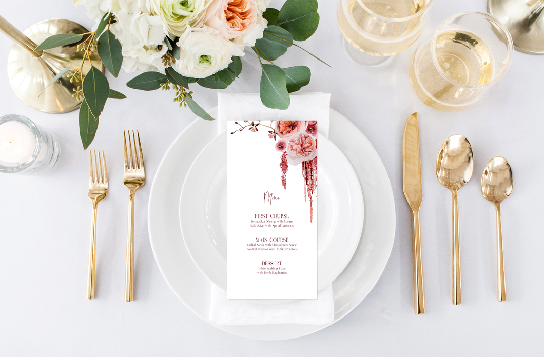 Romantic Pink and Maroon Floral Wedding Menu Card