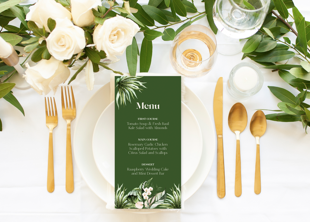 Blush Tropical Leaf Wedding Menu Card
