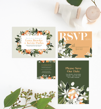 Load image into Gallery viewer, Forest Green, White Floral and Orange Citrus Wedding Invitation Suite
