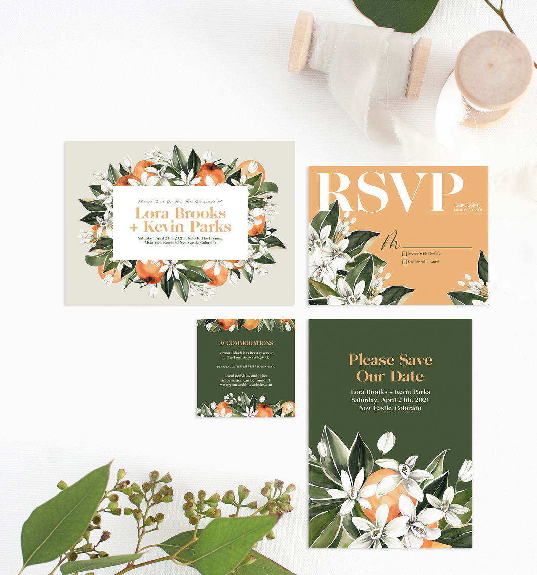 Forest Green, White Floral and Orange Citrus Wedding Invitation Suite