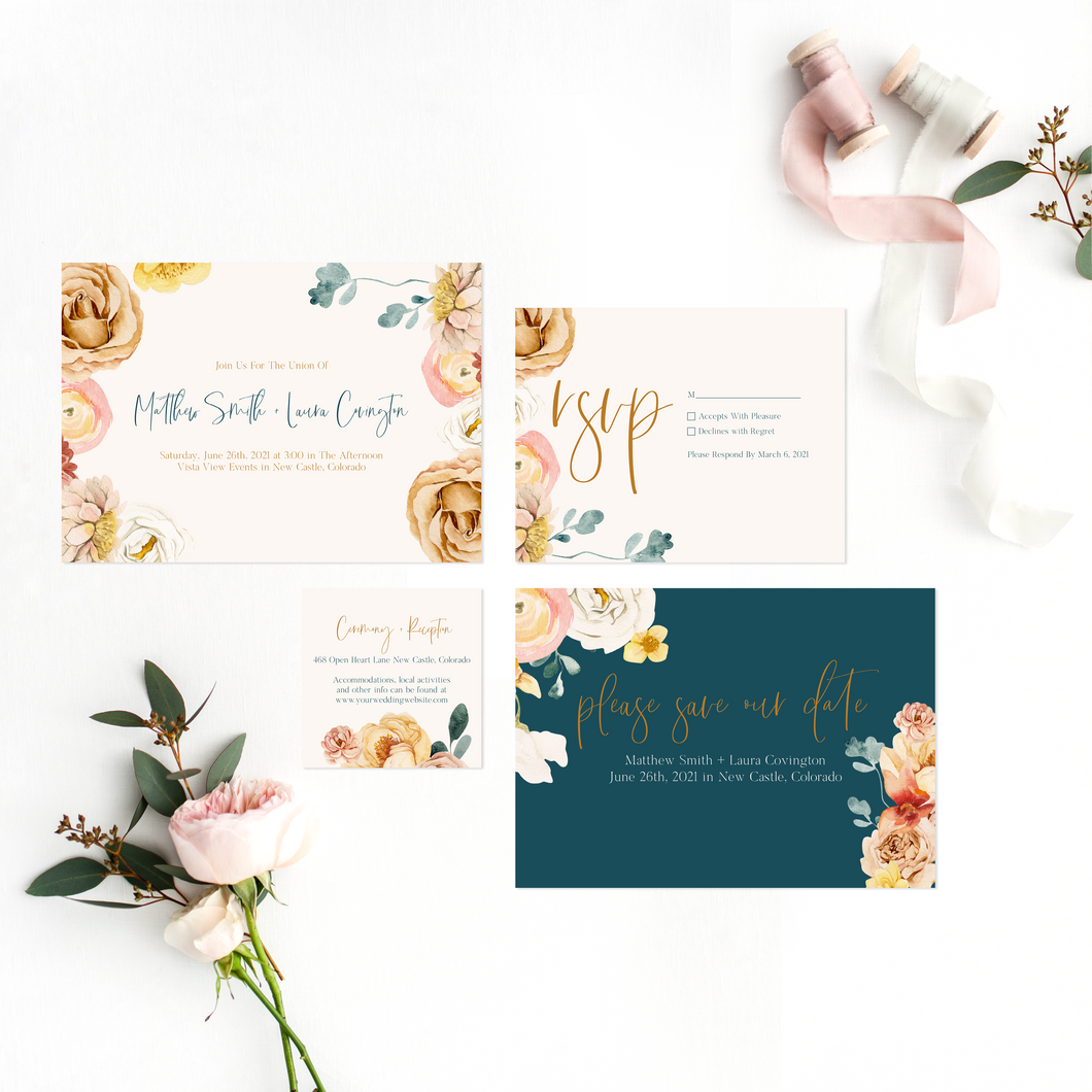 Navy and Floral Wedding Invitation Suite