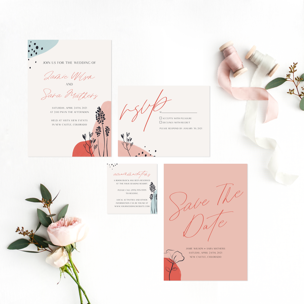 Pink and Blue Modern Wedding Invitation Suite