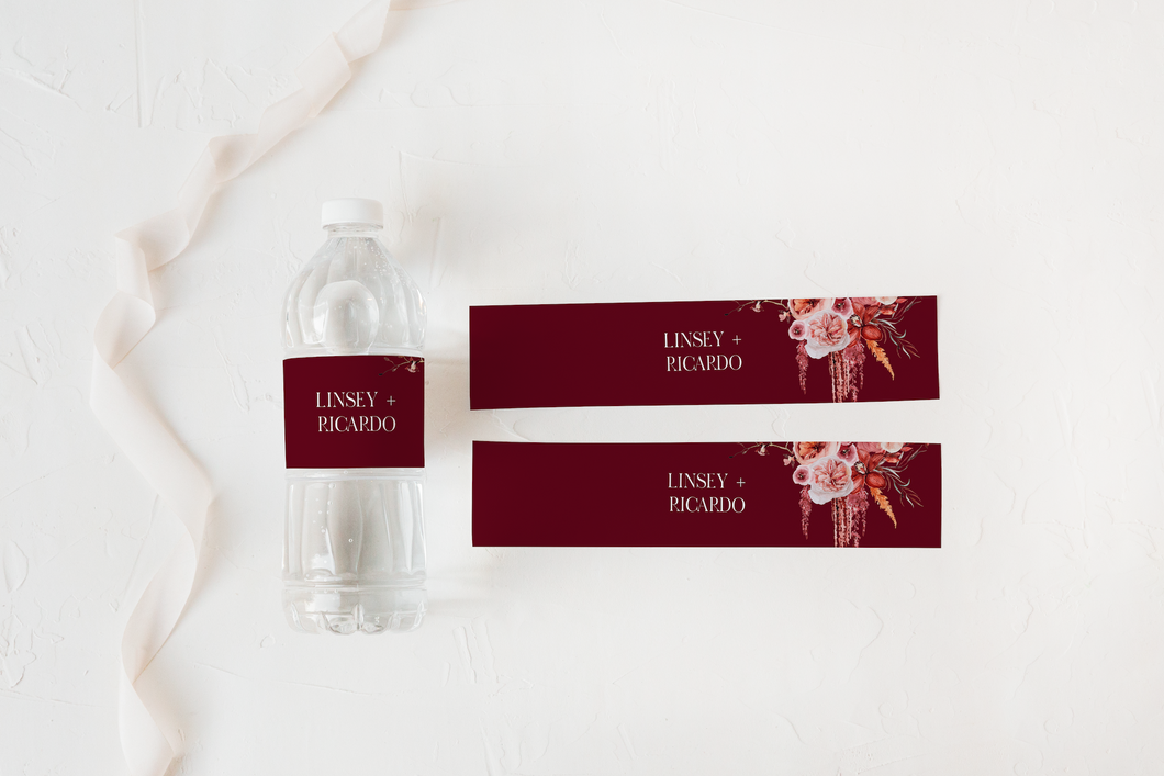 Romantic Pink and Maroon Floral Wedding Water Bottle Labels