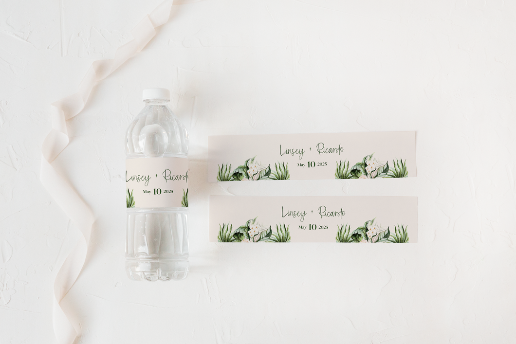 Blush Tropical Leaf Wedding Water Bottle Labels