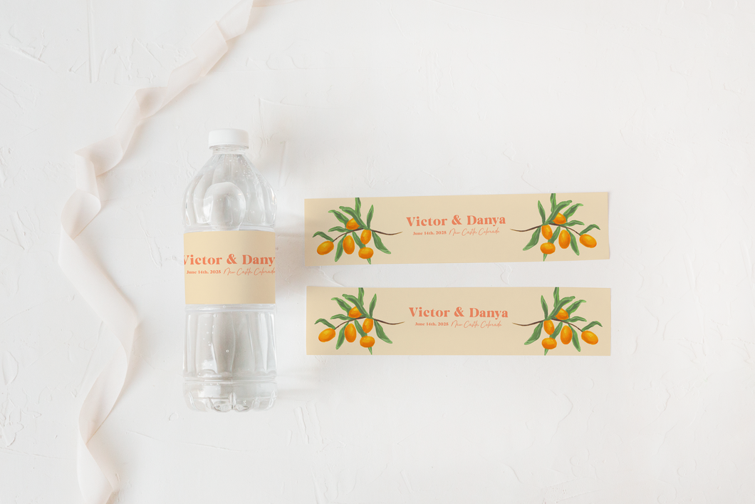 Peach and Orange Citrus Wedding Water Bottle Labels