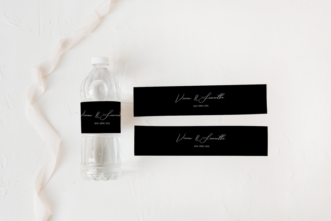 Romantic Black and White Wedding Water Bottle Labels