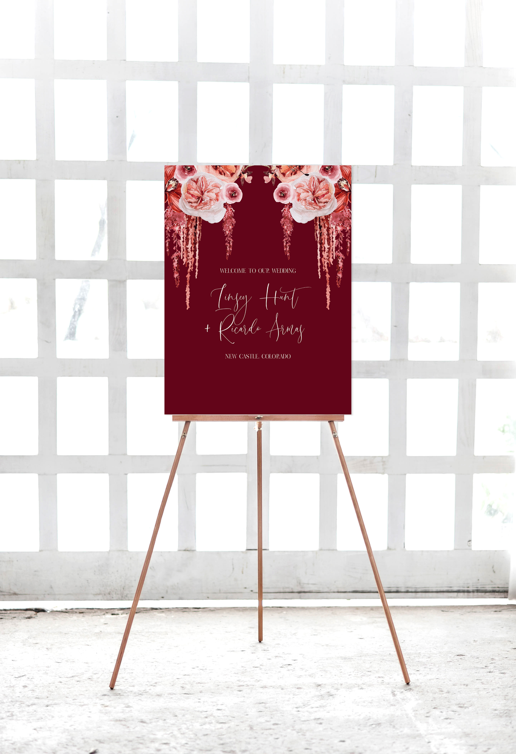 Romantic Pink and Maroon Floral Wedding Welcome Sign