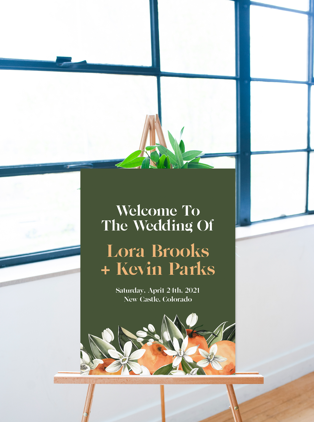 Forest Green, White Floral and Orange Citrus Wedding Welcome Sign