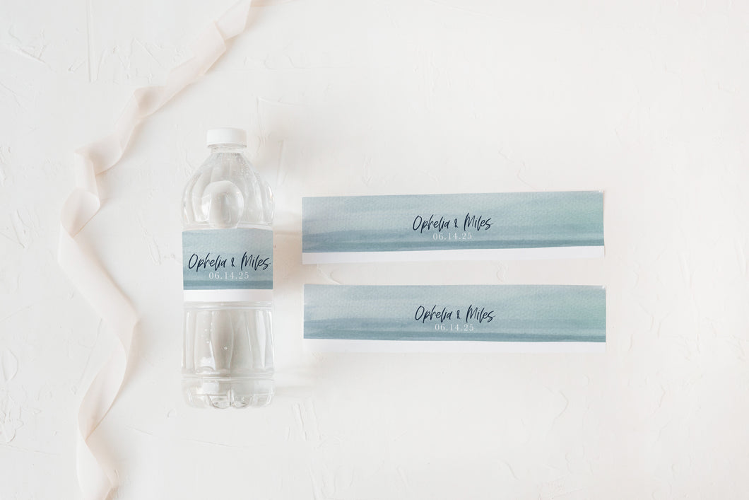 Dusty Blue Watercolor Wedding Water Bottle Labels
