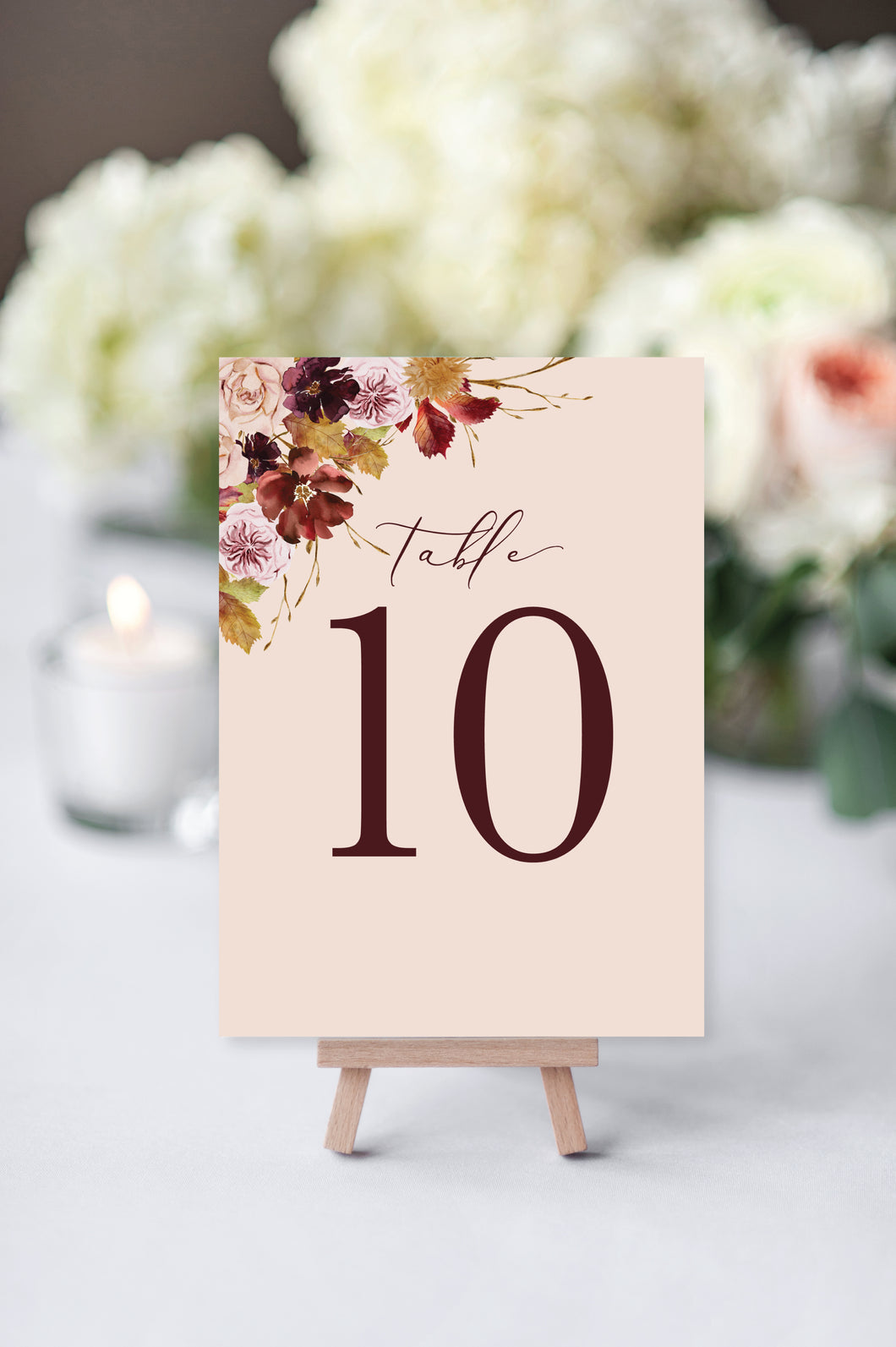 Burgundy Fall Floral Wedding Table Numbers