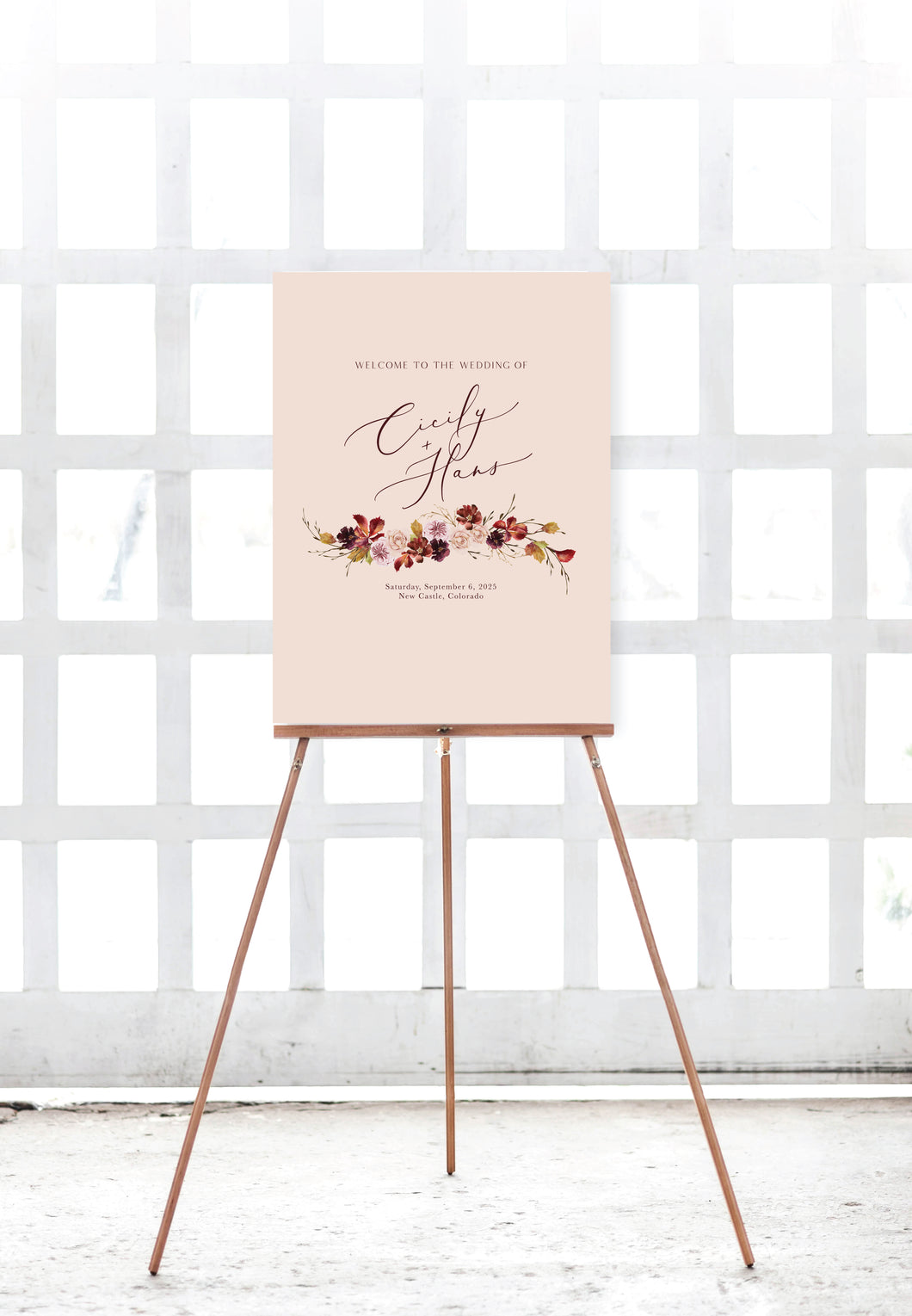 Burgundy Fall Floral Wedding Welcome Sign