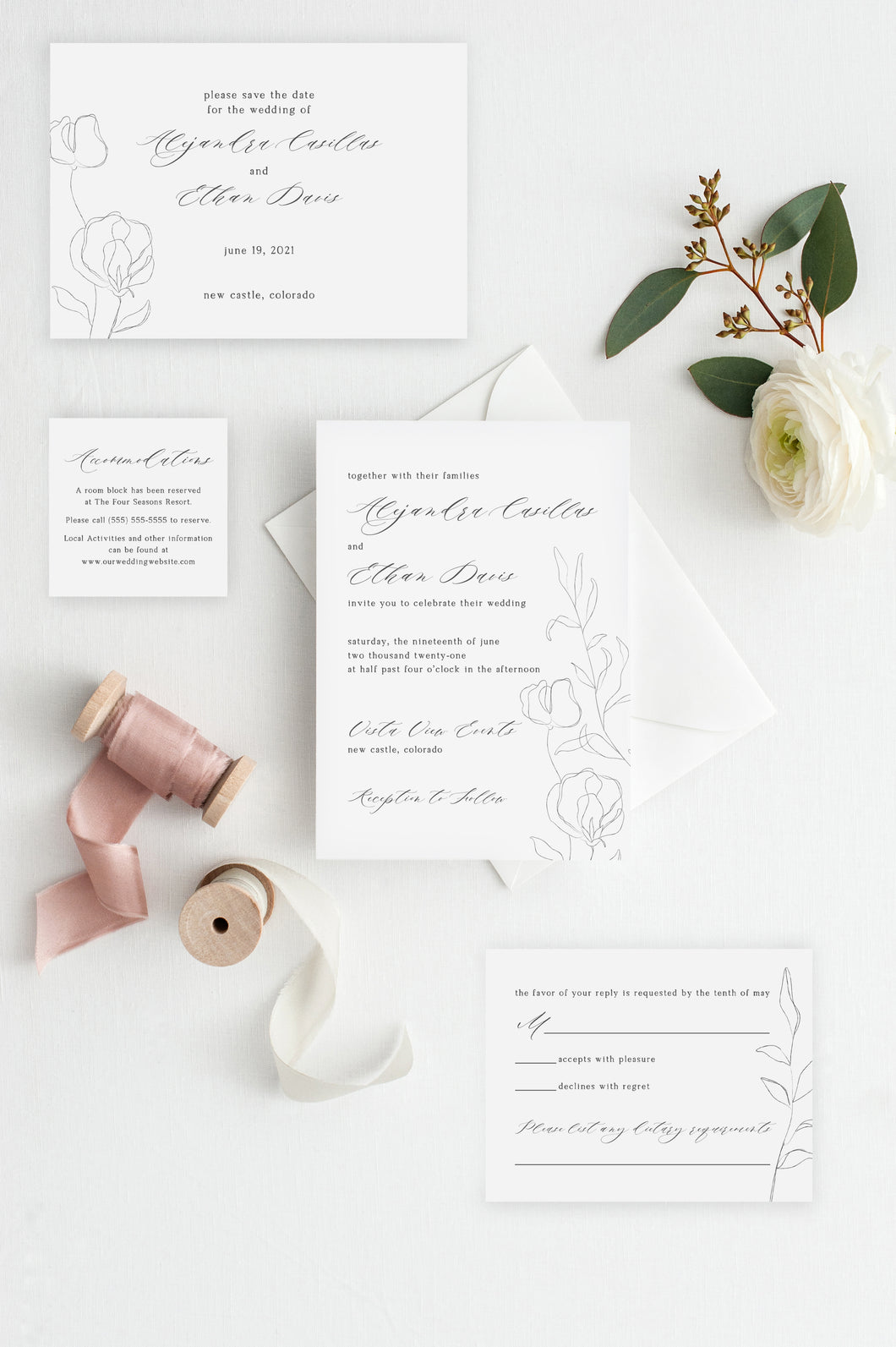 Minimalist Floral Wedding Invitation Suite