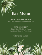 Load image into Gallery viewer, Blush Tropical Leaf Wedding Bar Menu
