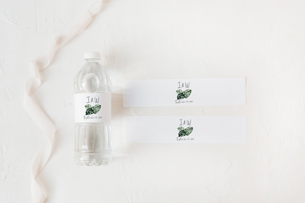 Beautiful Tropical Leaf Wedding Water Bottle Labels