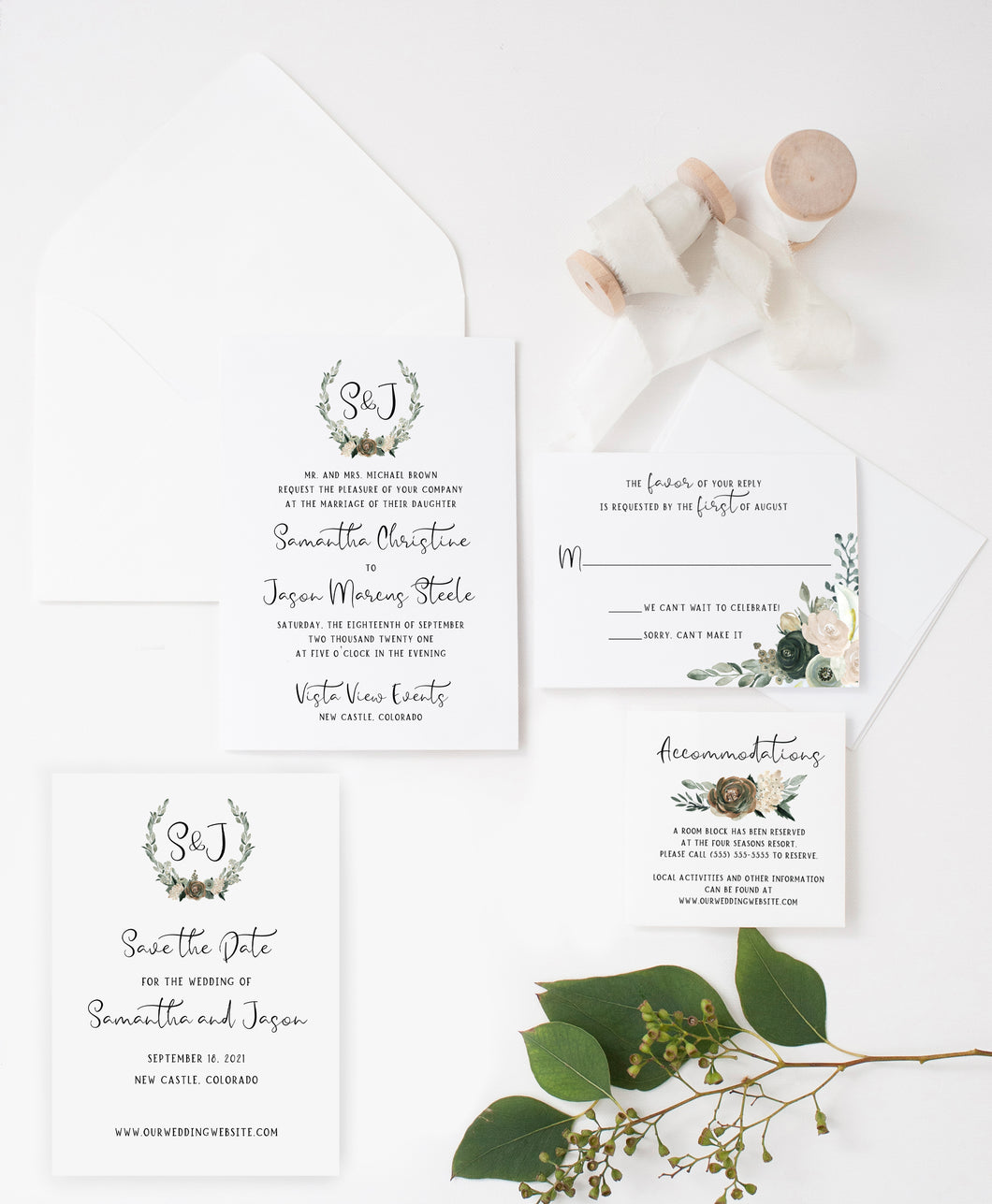 Classic Sage and Blush Wedding Invitation Suite
