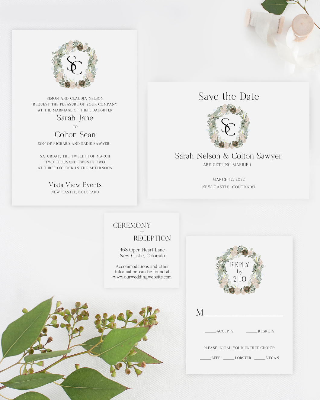 Monogram Sage Green and Blush Floral Wedding Invitation Suite