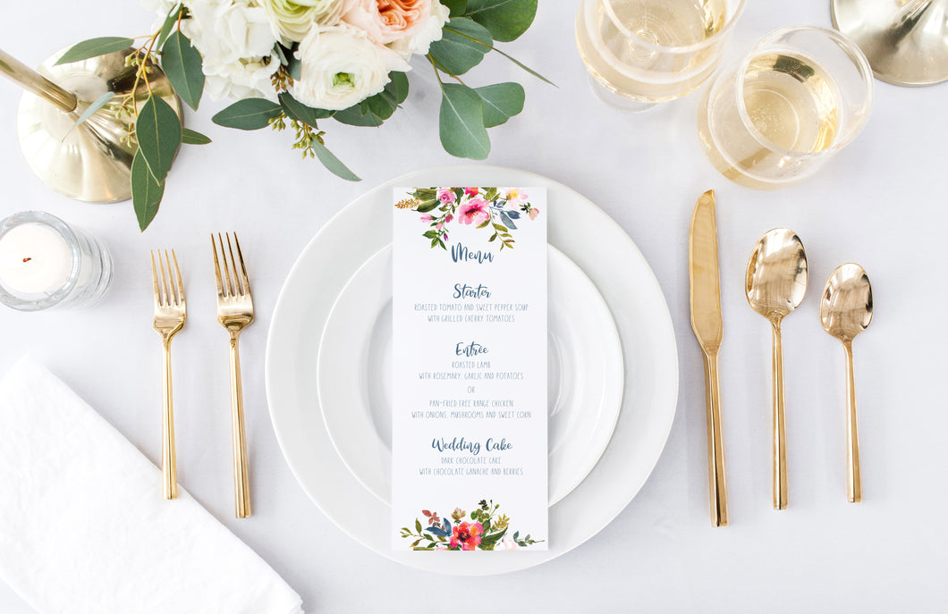 Beautiful Bright Floral Wedding Menu Card