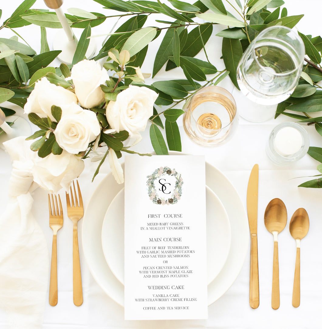 Monogram Sage Green and Blush Floral Wedding Menu Card