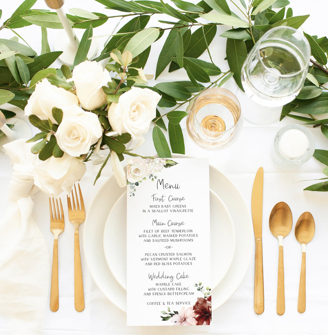 Romantic Maroon Floral Wedding Menu Card