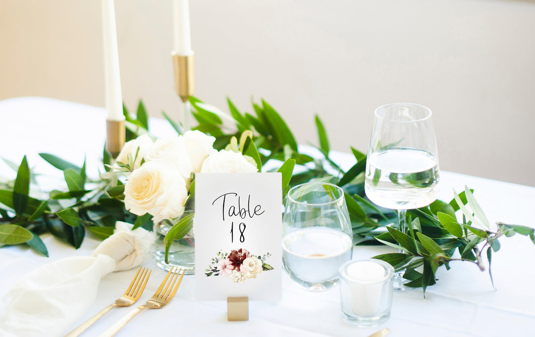 Romantic Maroon Floral Wedding Table Numbers