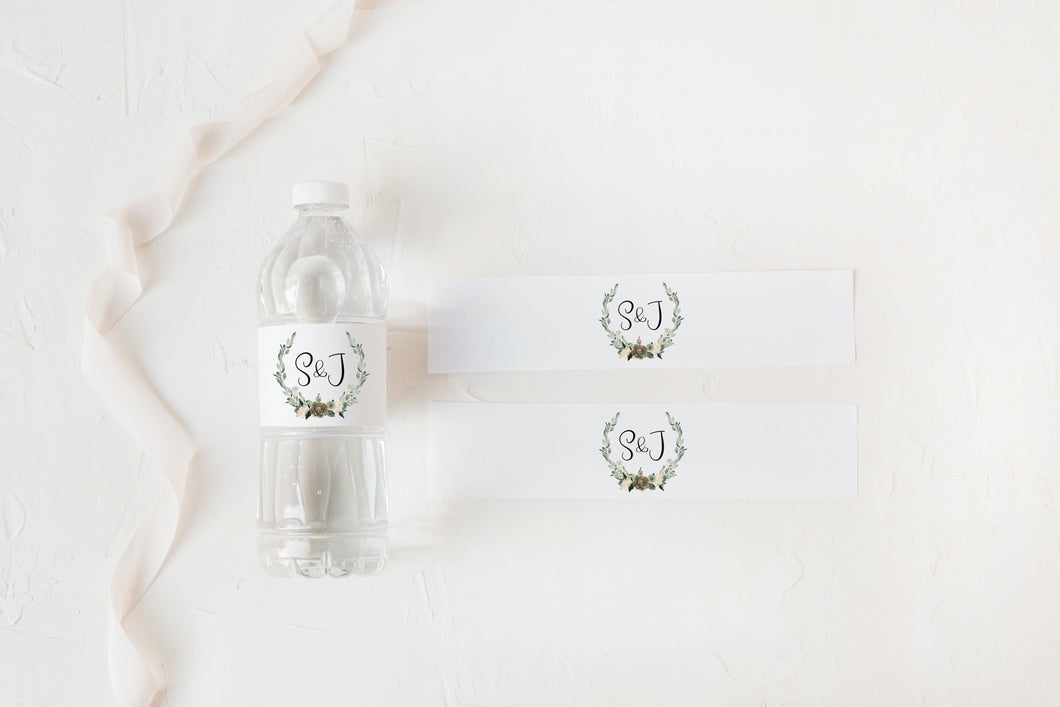 Classic Sage and Blush Wedding Water Bottle Labels