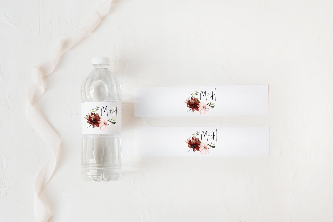 Romantic Maroon Floral Wedding Water Bottle Labels